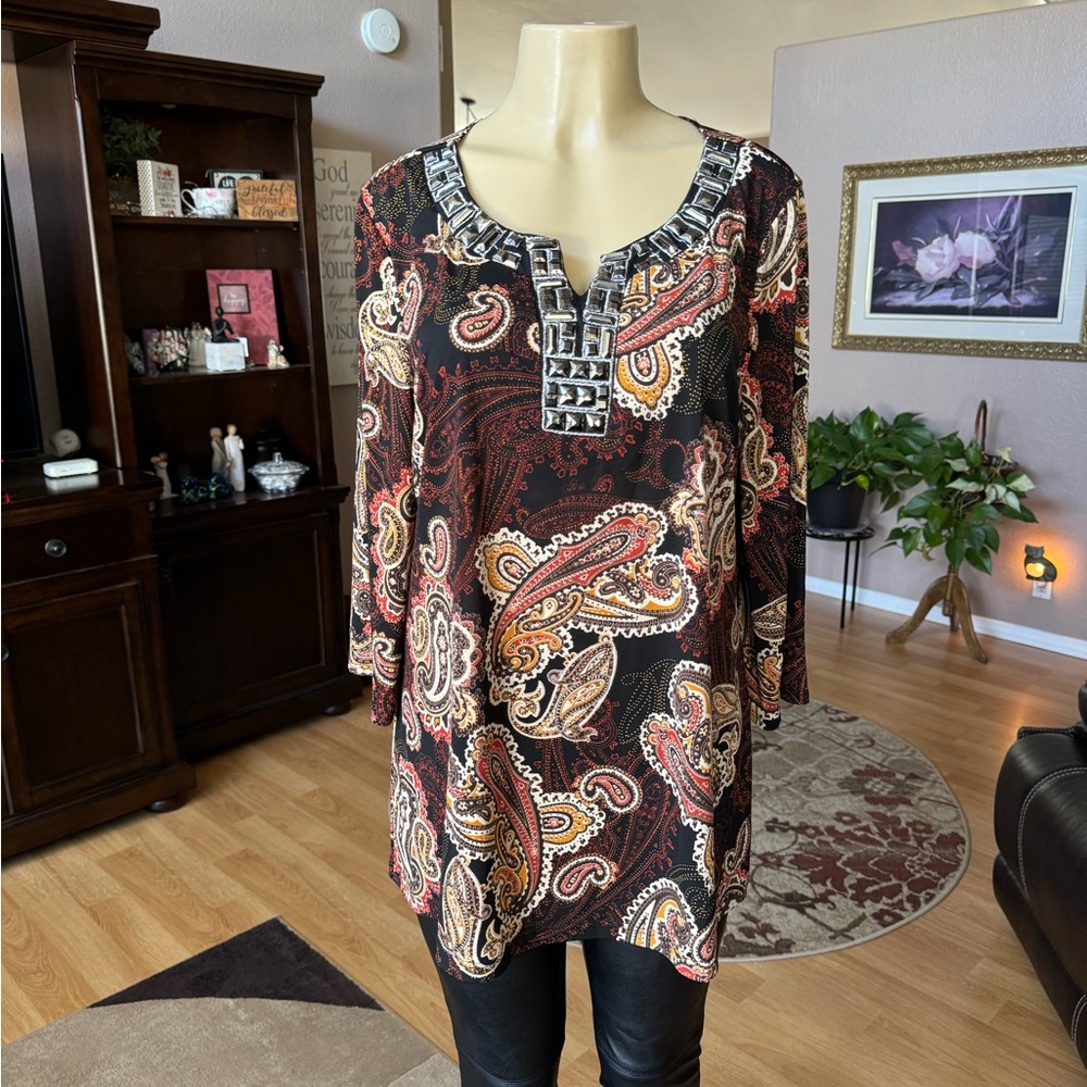 Perception Concepts multicolored 3/4 sleeves Vneck blouse-size L